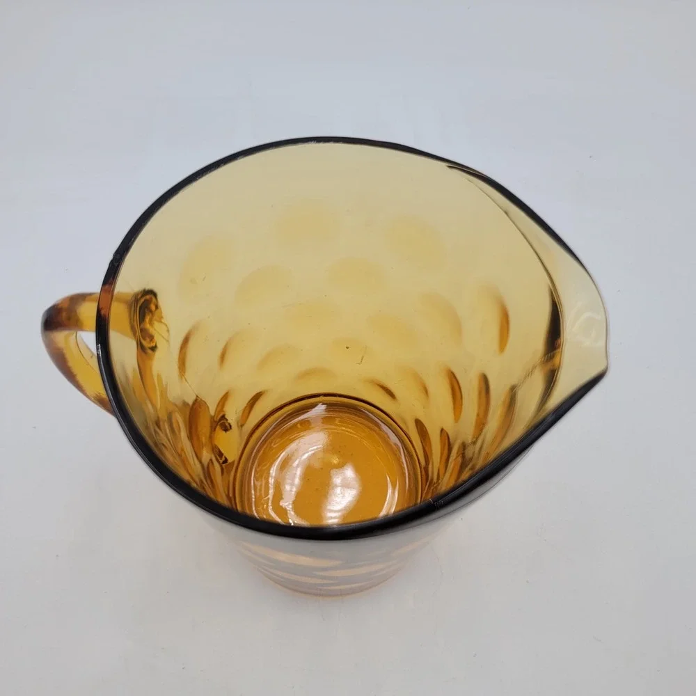 Vintage Amber Glass Thumbprint Pitcher Coin Dot Mid Century Modern 8 Inch